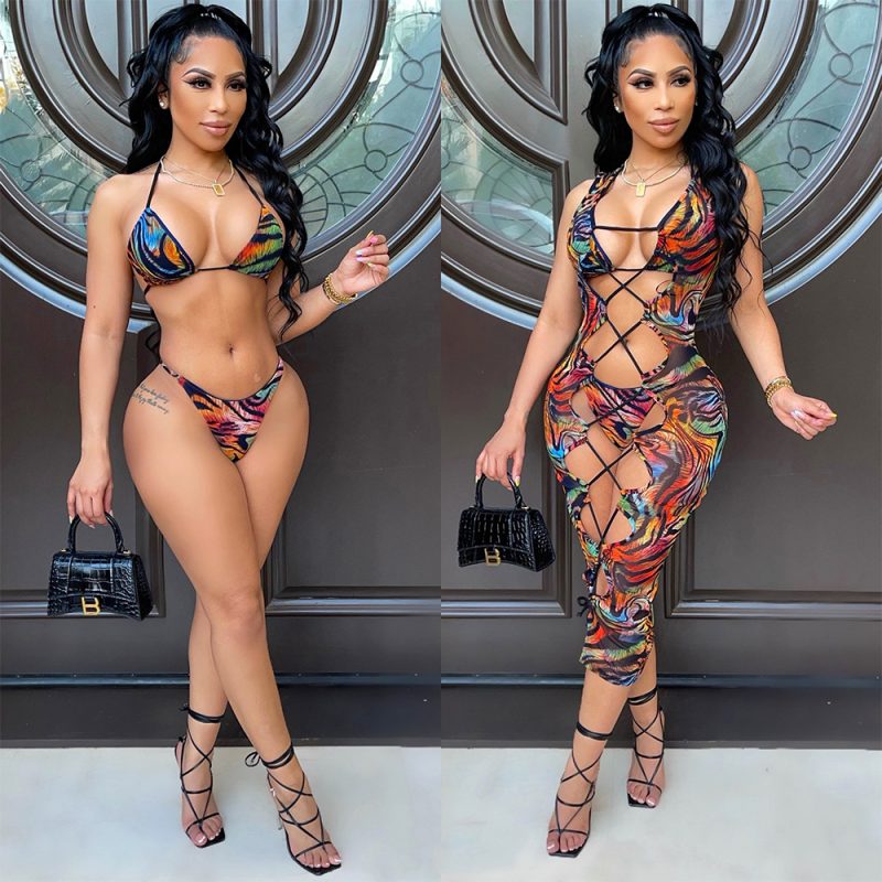Women’s Three-Piece Mesh Floral Print Cutout Swimsuit - Image 2