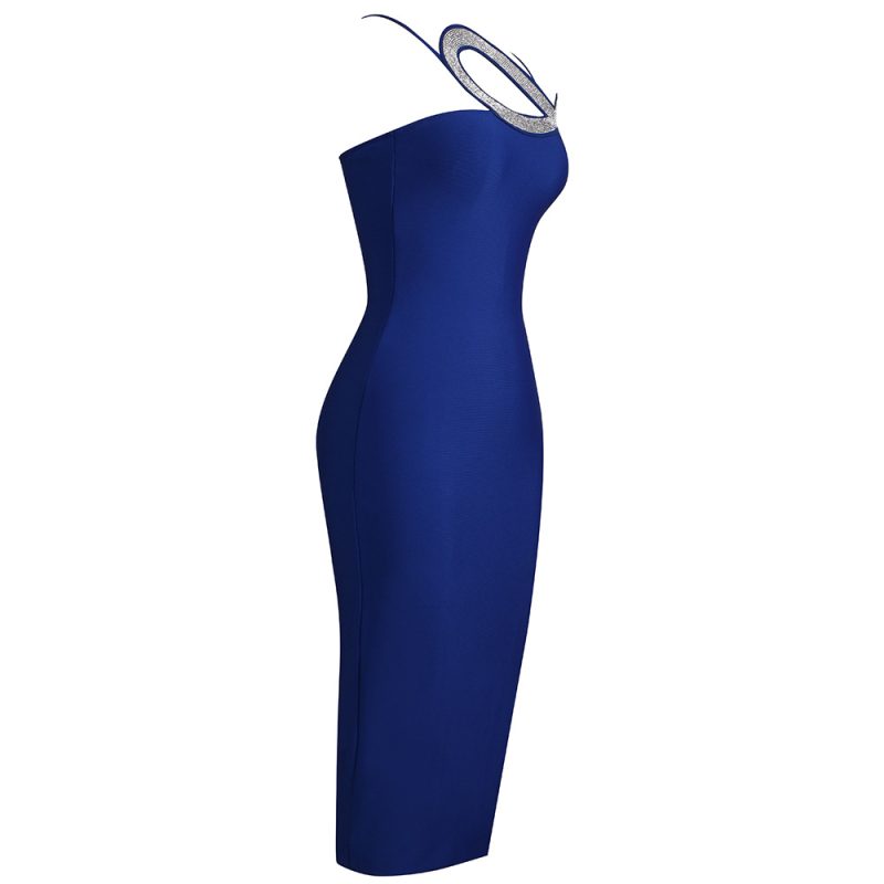 Sexy Sling Oblique Shoulder Rhinestone Bandage Dress - Image 3