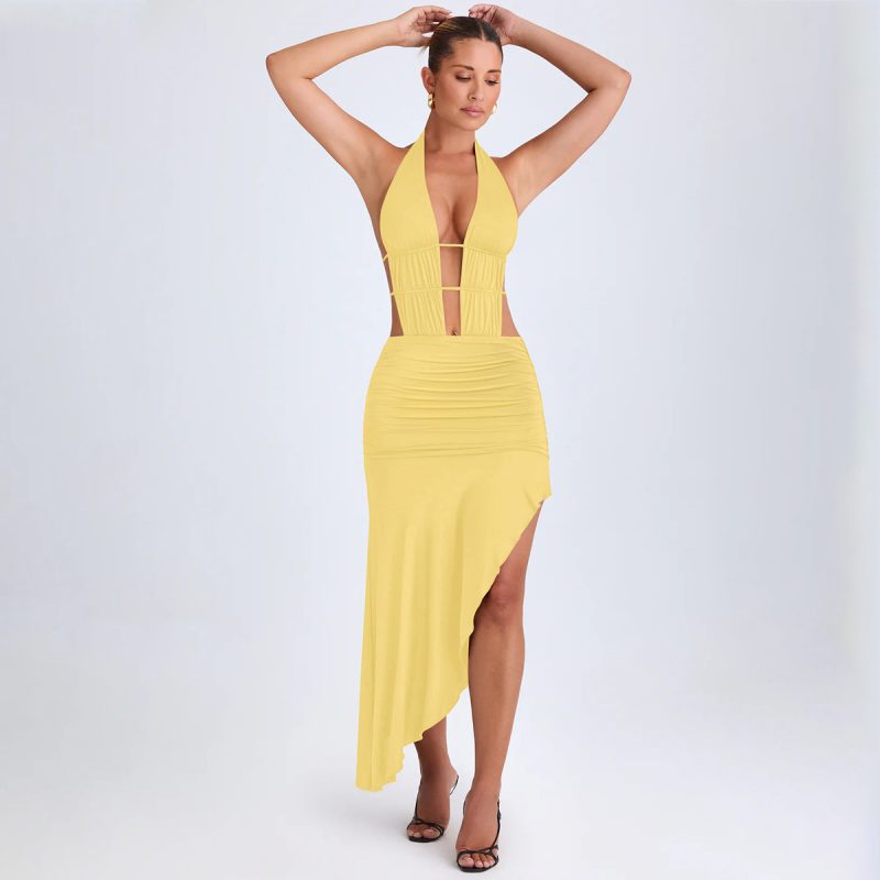 Backless Asymmetric Pleated Cutout Hip Dress - Image 4