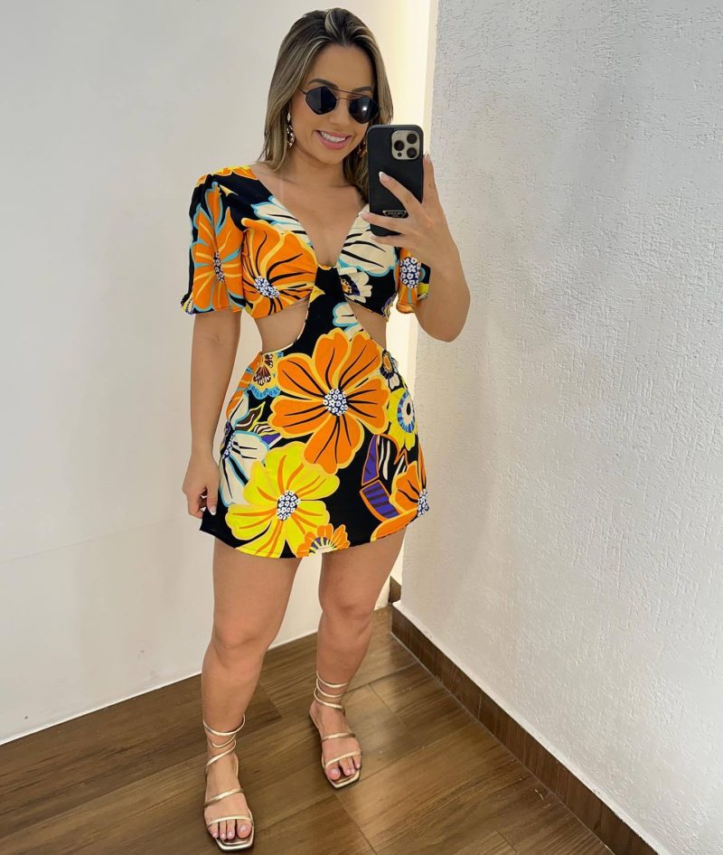 Lotus Sleeve Printed Cutout Faux Culotte Romper - Image 2