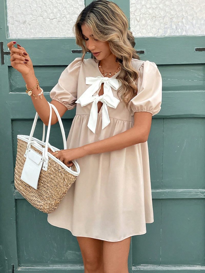 Summer A-Line Dress – Bow Collar Short Sleeve Style - Image 4