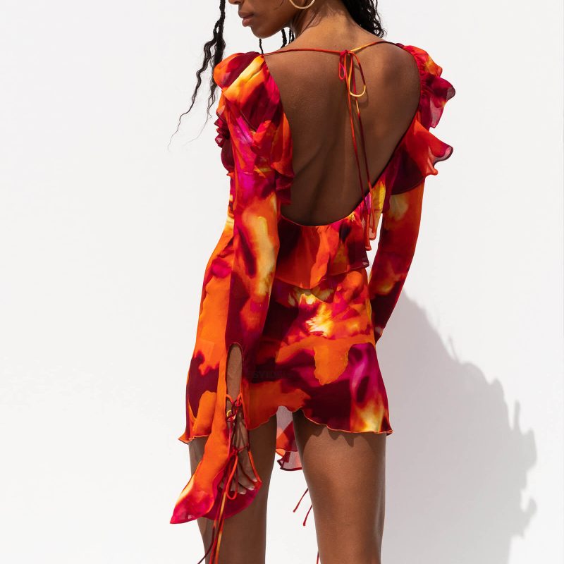 Sexy Summer Tie-Dye V-Plunge Ruffled Dress - Image 4