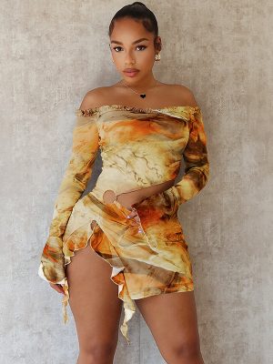 Autumn Printed Cutout Slit Bodycon Dress