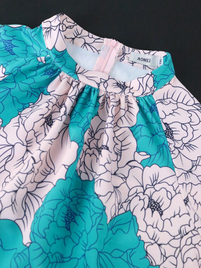 Aomei Printed Small Stand Collar Hollow Out Sleeve Dress - Image 3