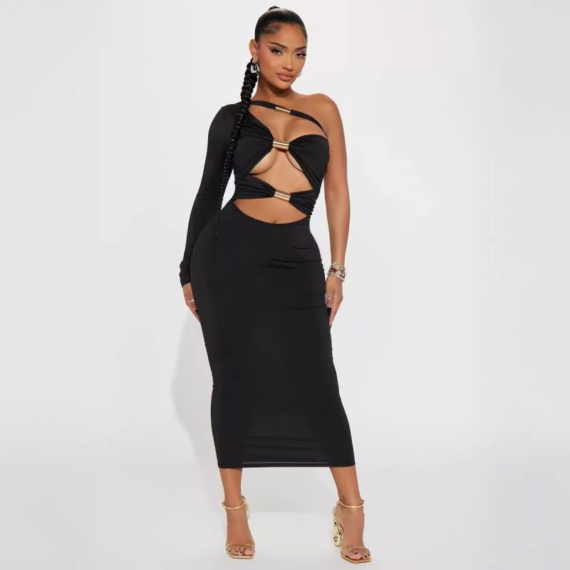 Sexy Cutout Metal Tube Slim Fit Maxi Dress