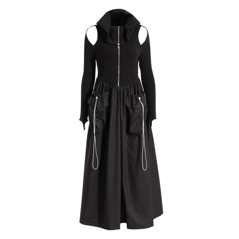 Knitted Stitching High Waist Pleated Black Dress