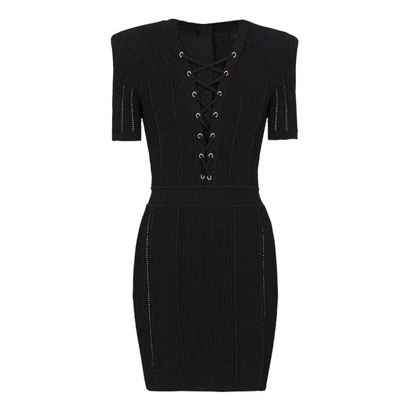 Celebrity V Neck Cinched Drawstring Slimming Dress - Image 2
