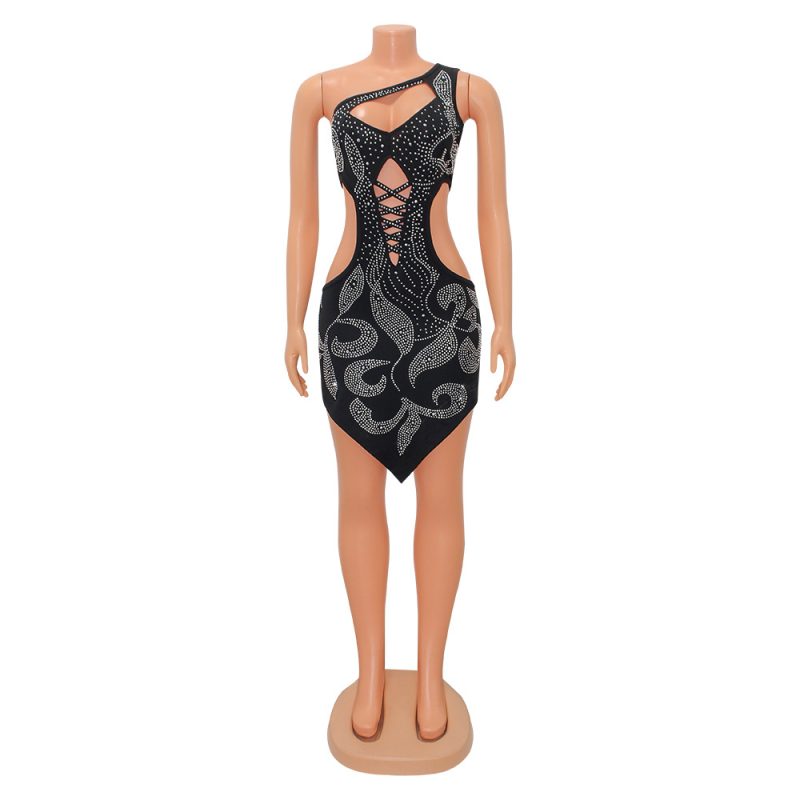 Sexy Hollow Out Rhinestone Oblique Shoulder Asymmetric Dress Women - Image 4