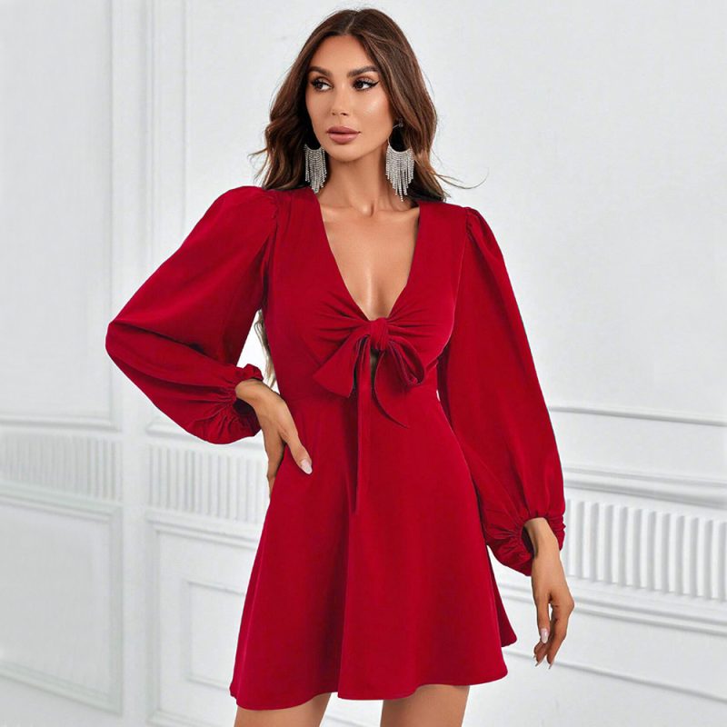 Sexy Hollow Out Cutout Strap Puff Sleeve Dress - Image 3