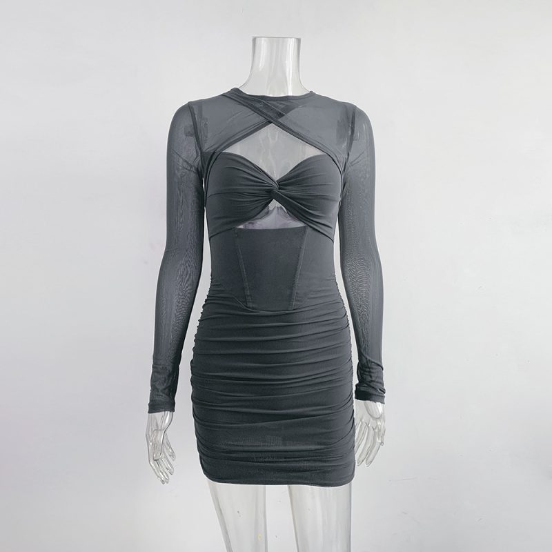 Sexy Sling Cutout Asymmetric Mesh Long Sleeve Dress - Image 4