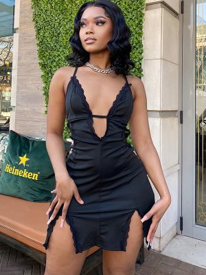 Lace Patchwork Suspender Slit Hipster Street Dress