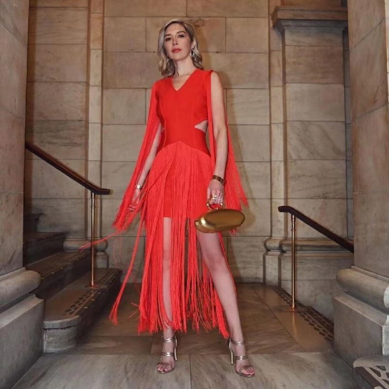 High-End Women's Tassel Red V-Neck Sleeveless Cocktail Dress