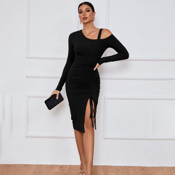 Women’s Cinched Drawstring Split Long Sleeve Dress - Image 3