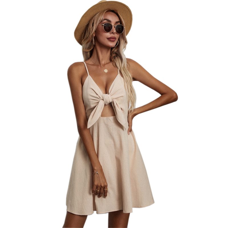 Lace-Up Bow Cotton Linen A-Line Dress - Image 4