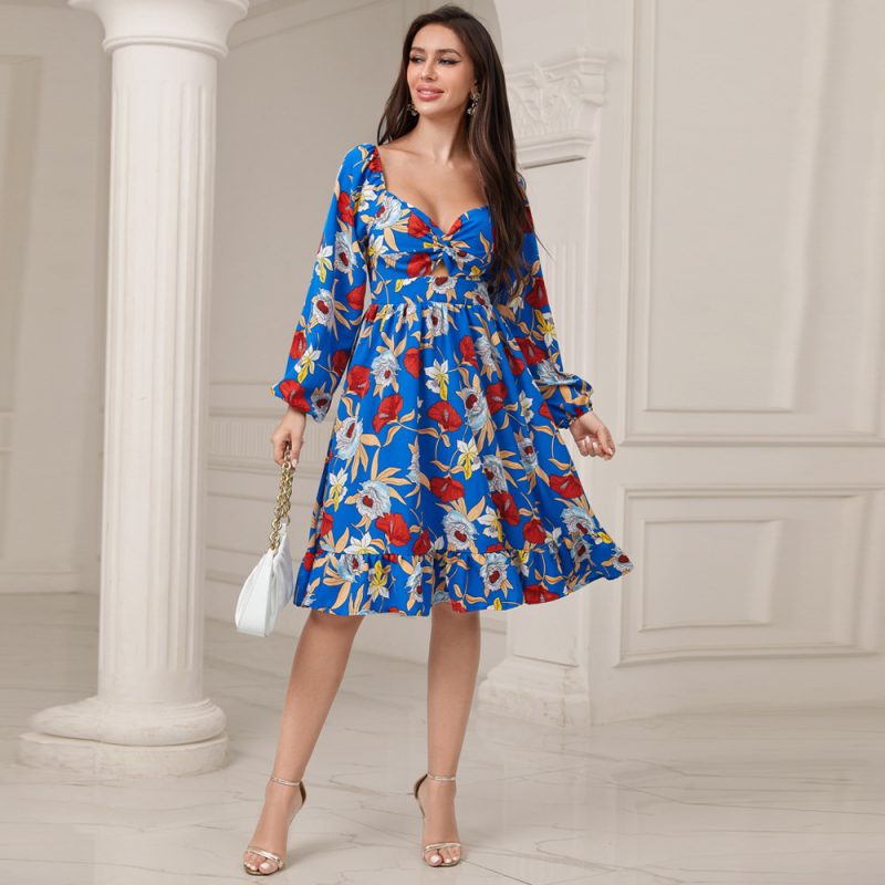 Women’s Autumn Chiffon Digital Print High Waist Dress