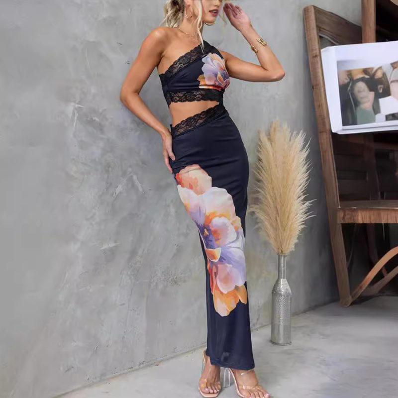 One-Shoulder Printed Voile Lace Slim Dress - Image 4