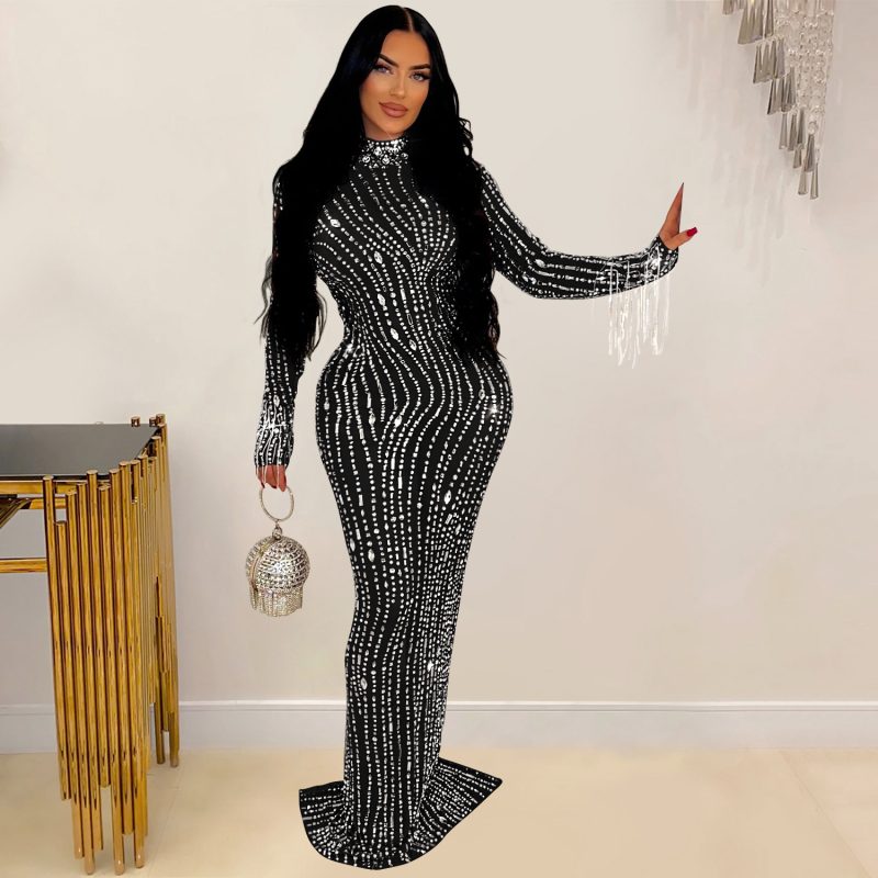 Solid Color Long Mesh Drilling Dress for Women