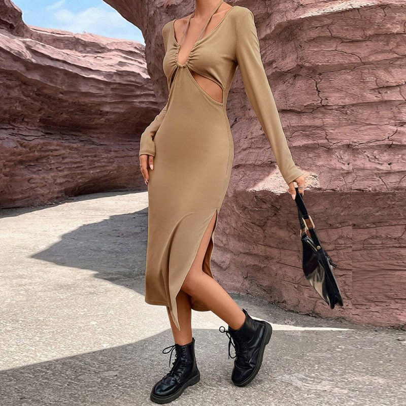 Sexy Hollow Out Slim Sheath Long Sleeve Dress - Image 4
