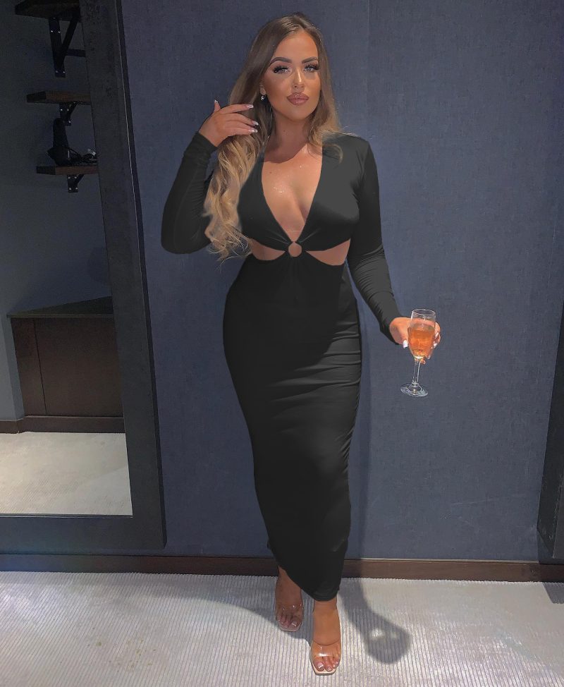 Solid Color V-Neck Hollow Out Slim Dress - Image 2