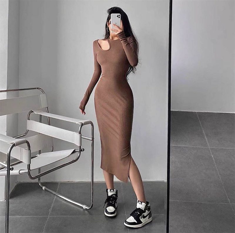 Sexy Hollow Out Round Neck Ribbed Dress