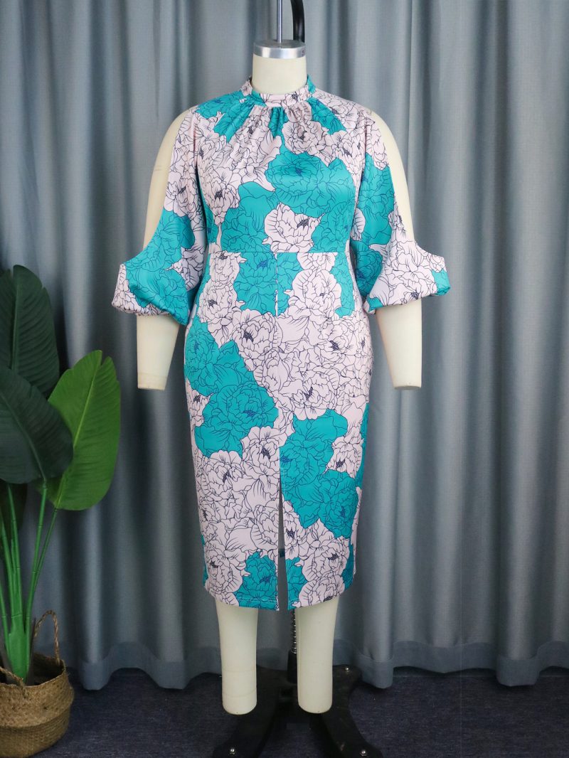 Aomei Printed Small Stand Collar Hollow Out Sleeve Dress - Image 2