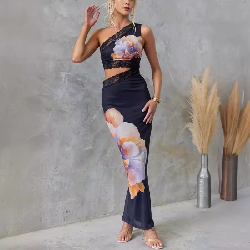 One-Shoulder Printed Voile Lace Slim Dress - Image 2
