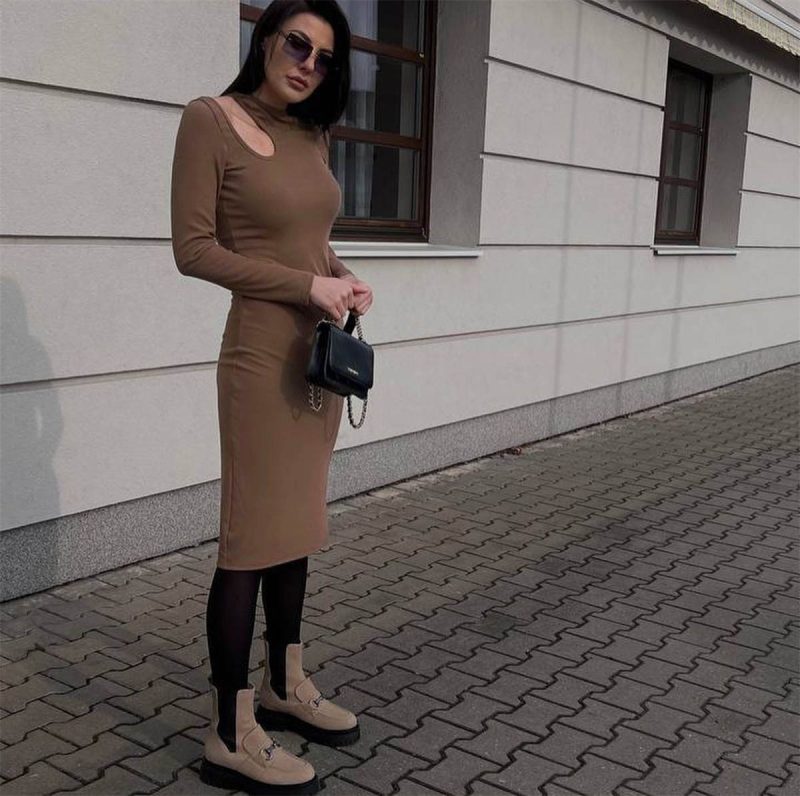 Sexy Hollow Out Round Neck Ribbed Dress - Image 2