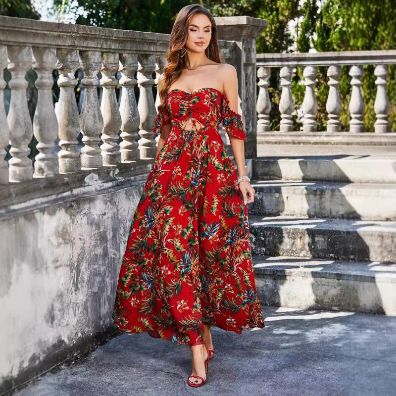 Summer Printed Hollow Out Tied Backless Dress
