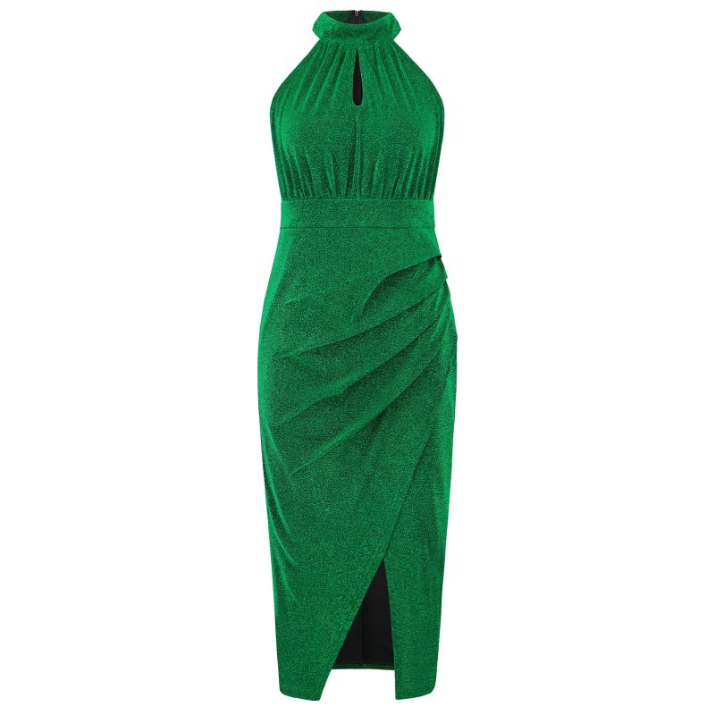Shiny Asymmetric Slit Stand Collar Dress - Image 2
