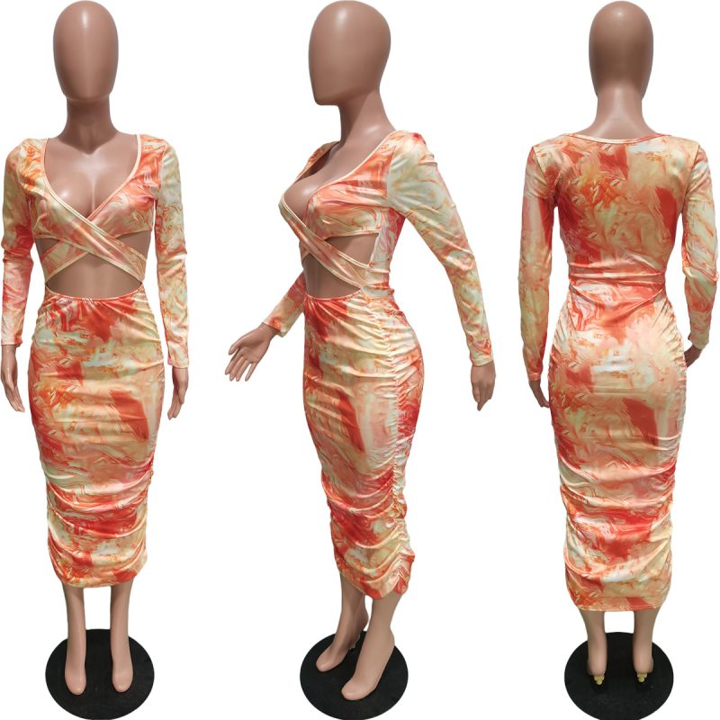 Women’s Tie-Dyed Printed Cutout Pleated Dress – Autumn Winter - Image 2
