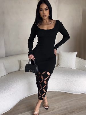 Autumn Solid Color Round Neck Cutout Sheath Dress