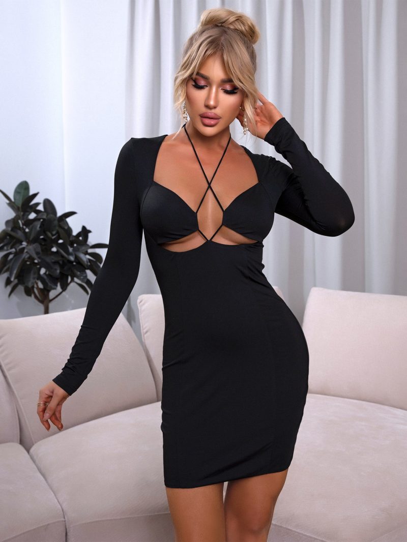 Sexy Halterneck Long Sleeved Sheath Dress for Autumn - Image 3