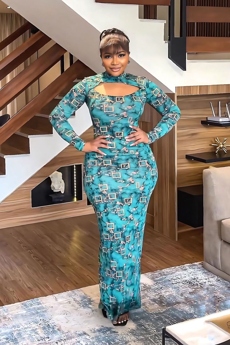 Elegant Turtleneck Long Sleeve Slim Print Maxi Dress