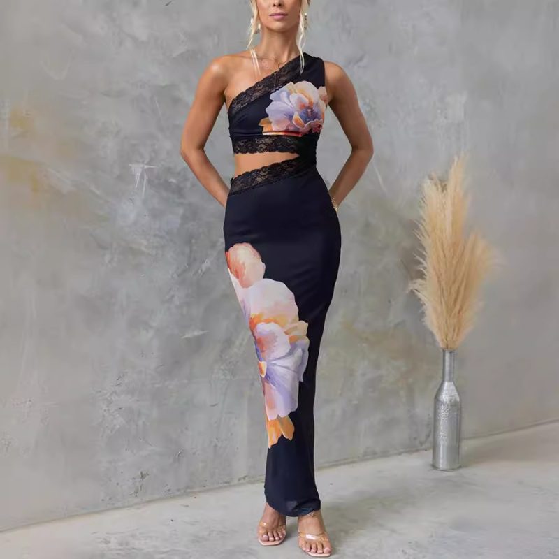 One-Shoulder Printed Voile Lace Slim Dress