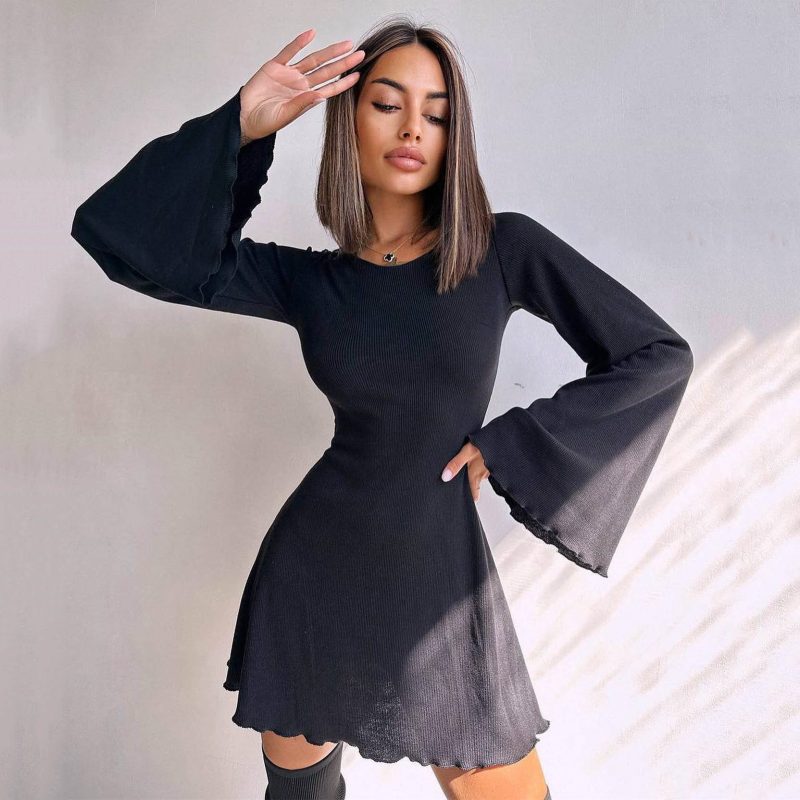Sexy Long Sleeve A-Line Bell Sleeve Dress - Image 3