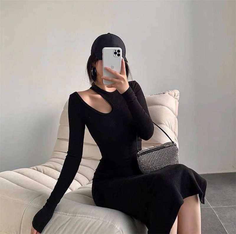 Sexy Hollow Out Round Neck Ribbed Dress - Image 3