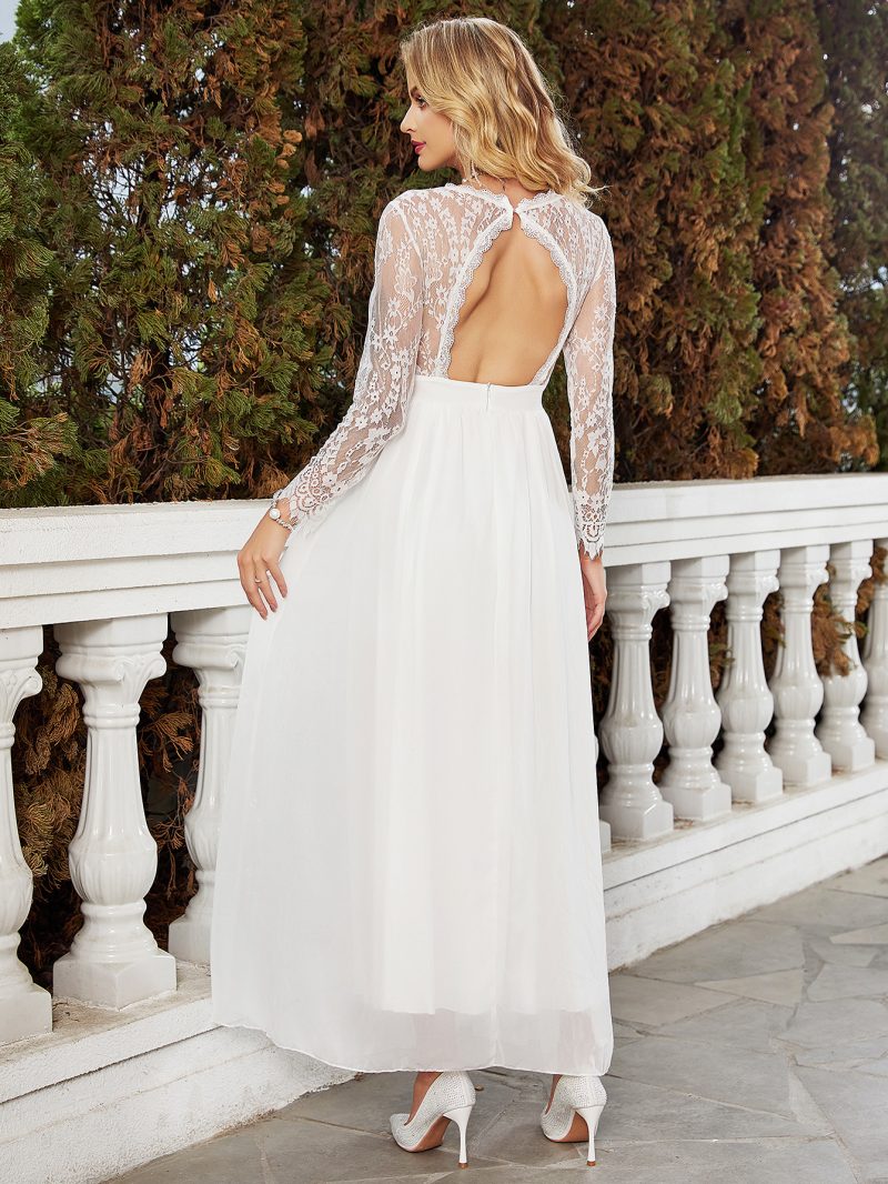 Chiffon Lace V-Neck Slim White Wedding Dress - Image 4