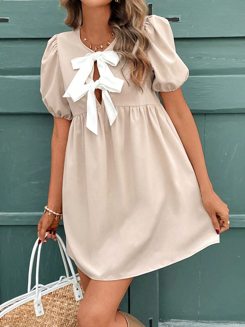 Summer A-Line Dress – Bow Collar Short Sleeve Style