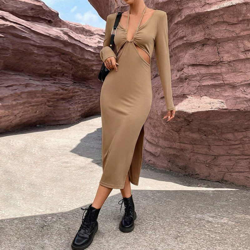 Sexy Hollow Out Slim Sheath Long Sleeve Dress