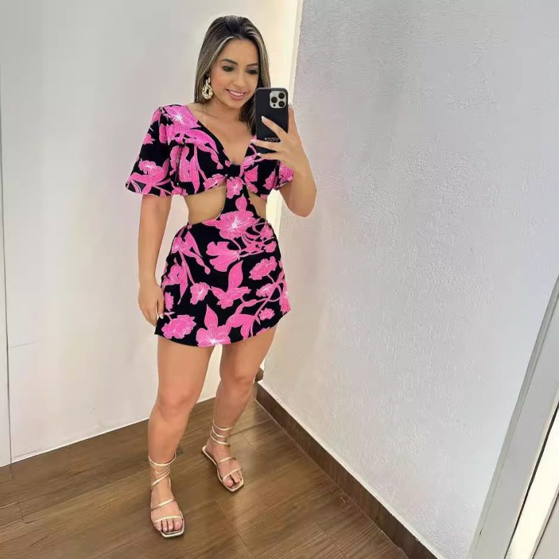 Lotus Sleeve Printed Cutout Faux Culotte Romper