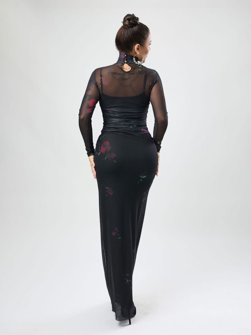Autumn Printed Mesh Turtleneck Long Sleeve Maxi Dress - Image 3