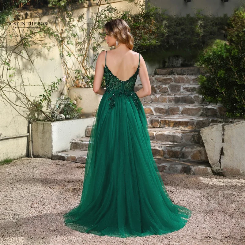 Dark Green A-Line Tulle Evening Dress - Image 2