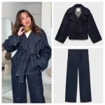 Lapel Lace-up Denim Coat & Baggy Pants Set