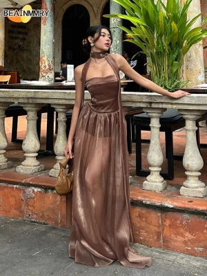 Brown Strapless Patchwork Maxi Dress