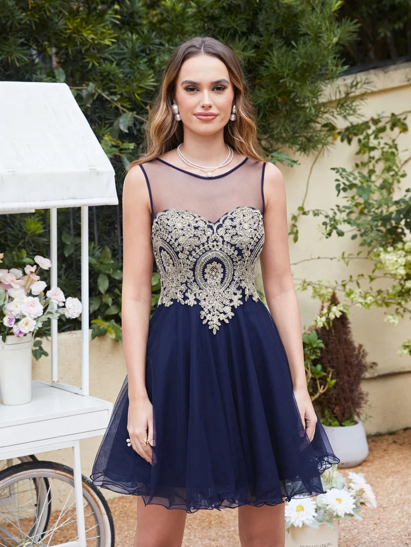Lace Applique A-Line Tulle Mini Dress