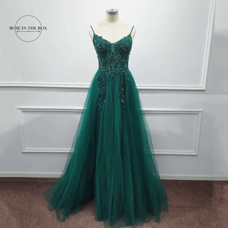Dark Green A-Line Tulle Evening Dress - Image 3
