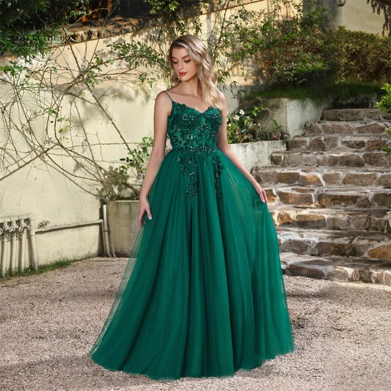 Dark Green A-Line Tulle Evening Dress