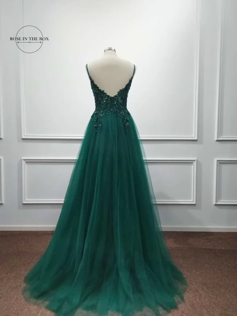Dark Green A-Line Tulle Evening Dress - Image 4