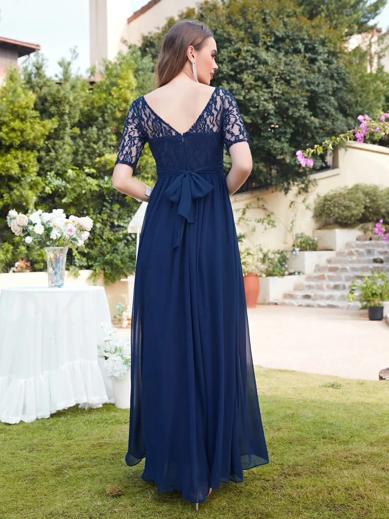 Lace Half-Sleeve V-Backless Chiffon Evening Gown - Image 2
