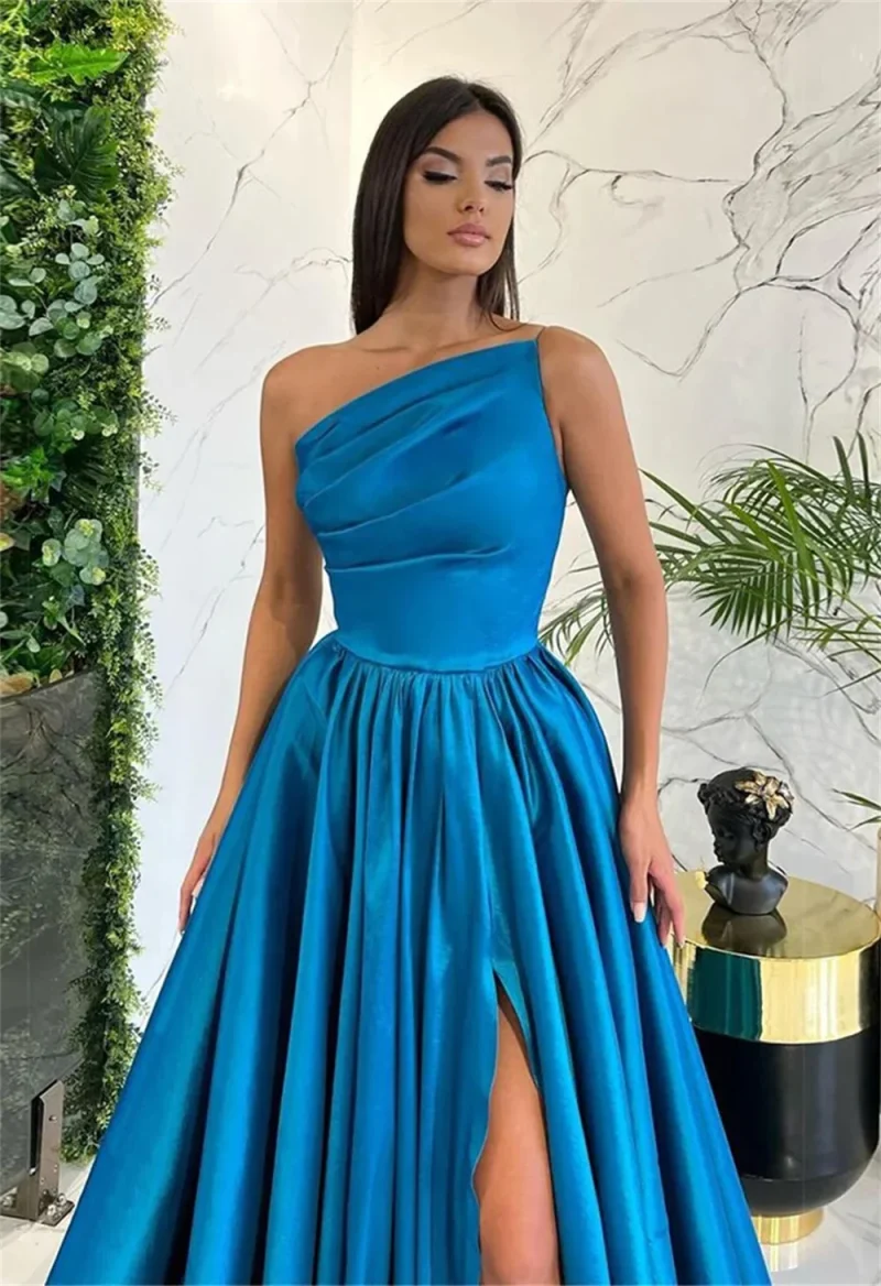 One Shoulder Satin Ball Gown with Slit - Image 6